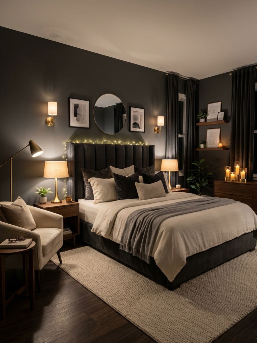 Bedside lamps, sconces and floor lamp layered in a moody bedroom