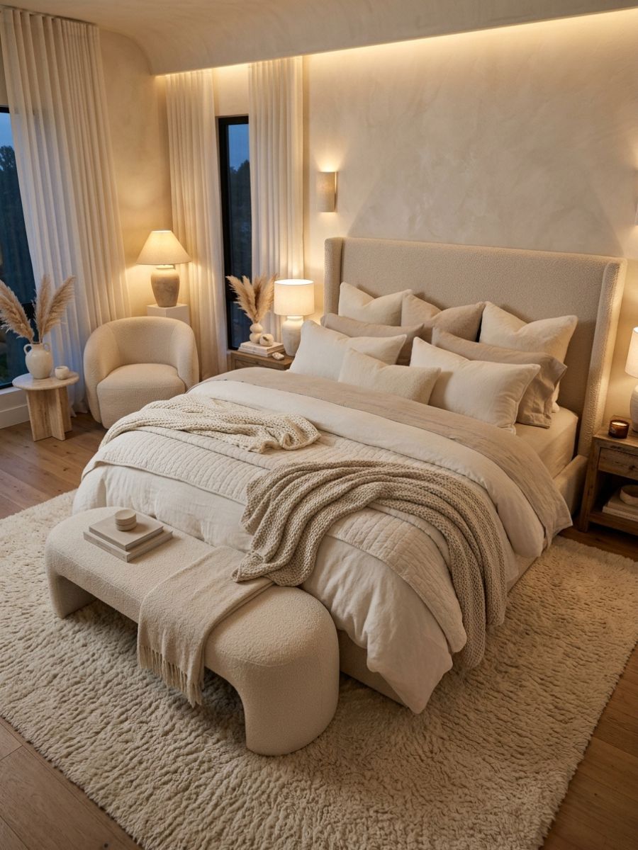 Cloud-like layered neutral bedroom with light beige bedding