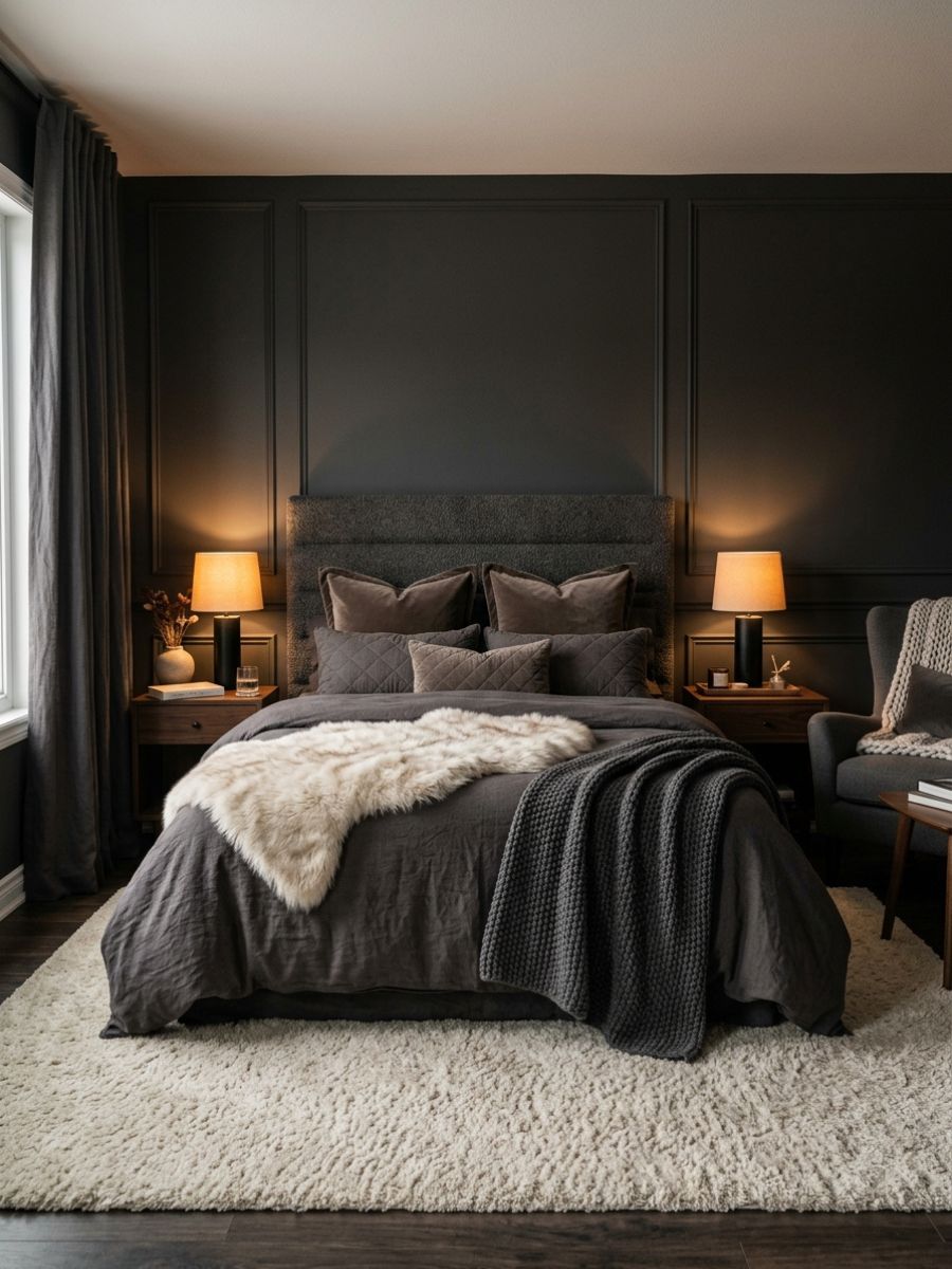 Bed layered with velvet pillows, faux fur throw and knit blanket
