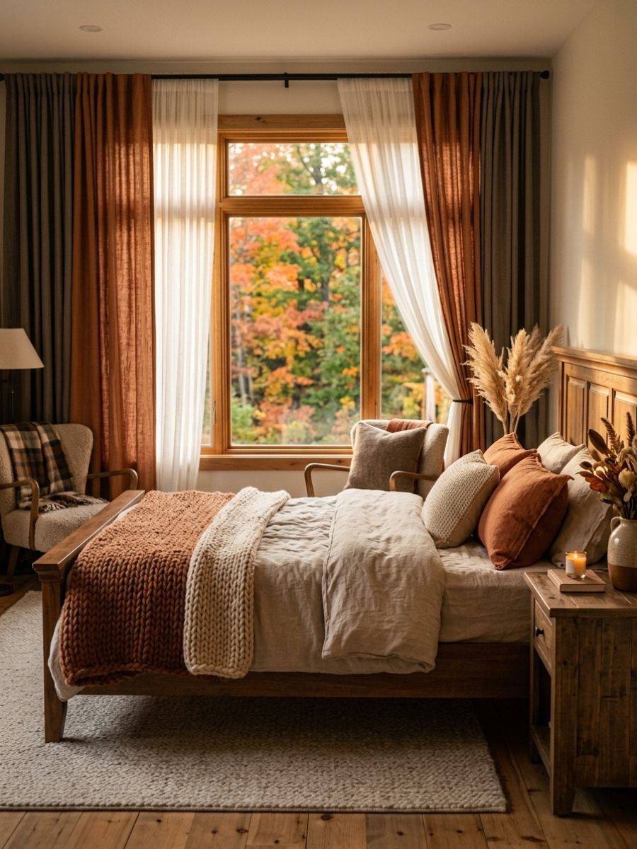 Layered linen-blend curtains in rust and warm taupe tones