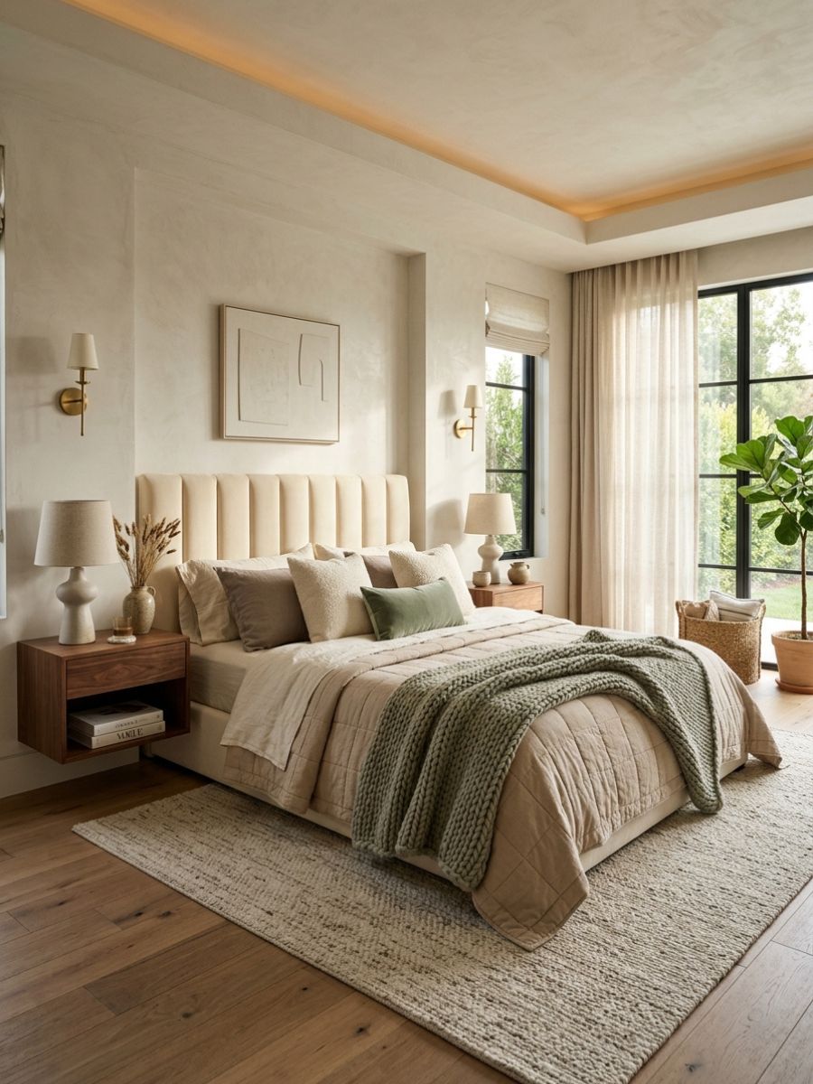 Bed styled with layered pillows and a textured throw blanket