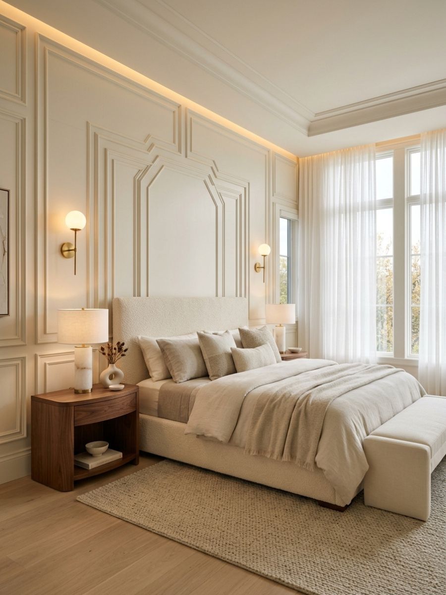 Luxe paneled wall neutral bedroom with soft lighting