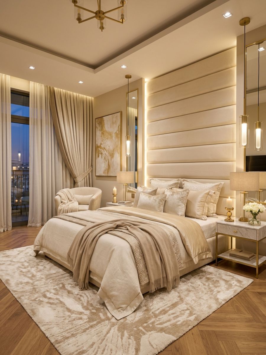 Luxury gold accent romantic bedroom idea for couples with elegant headboard wall