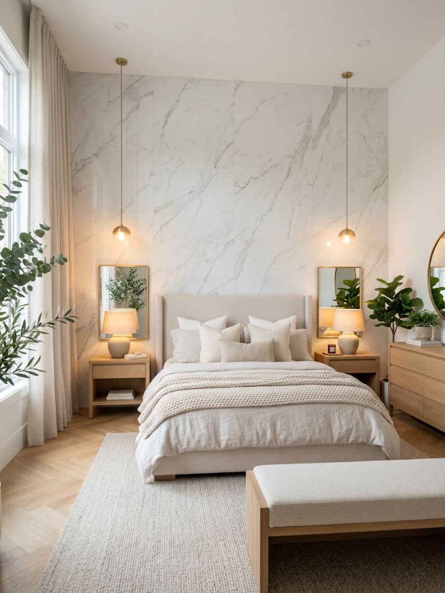 Marble accent wall romantic bedroom idea for couples with luxury decor