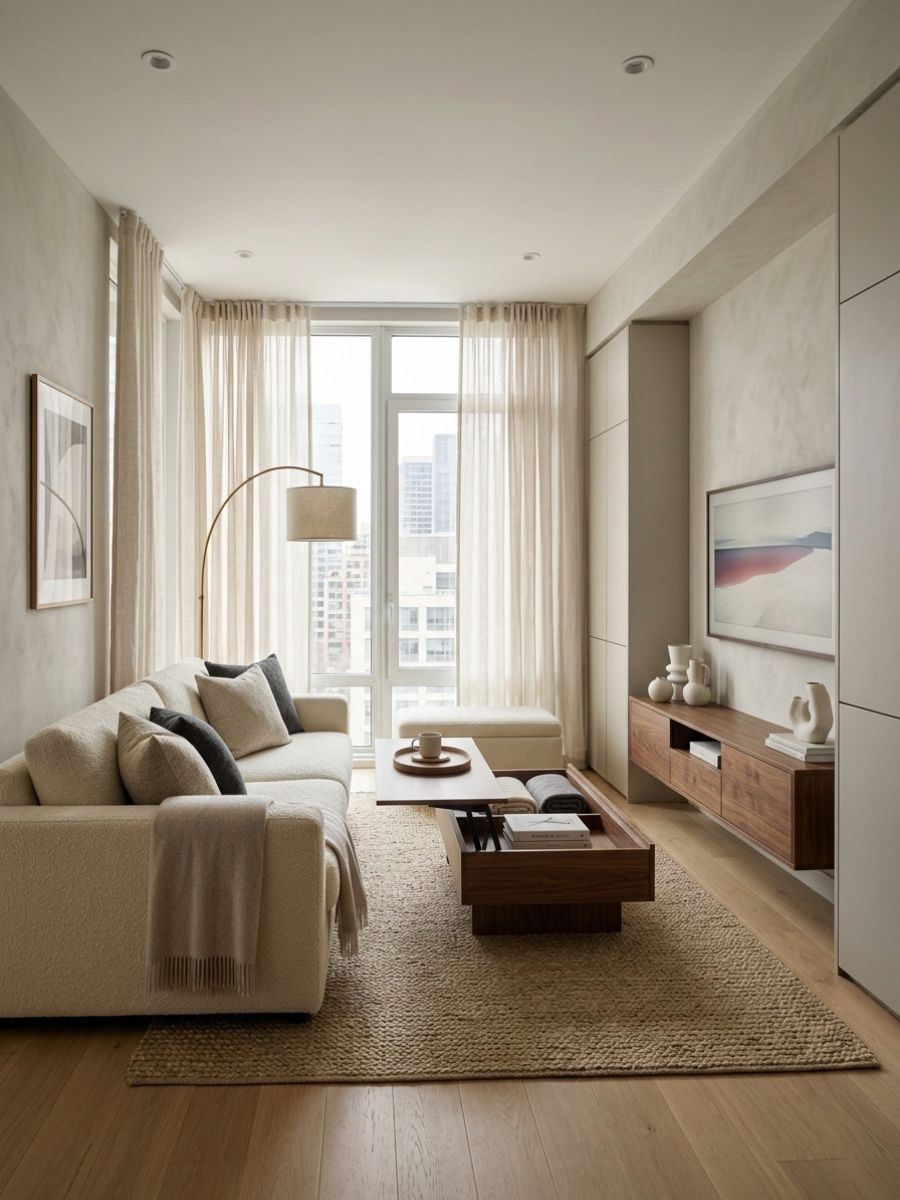 Living room with multi-functional storage furniture in a small apartment