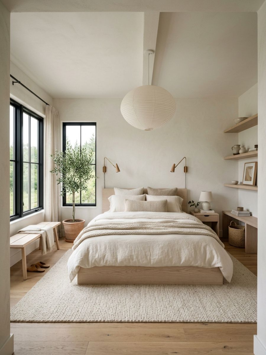 Minimal Nordic style neutral bedroom with pale wood and soft textiles