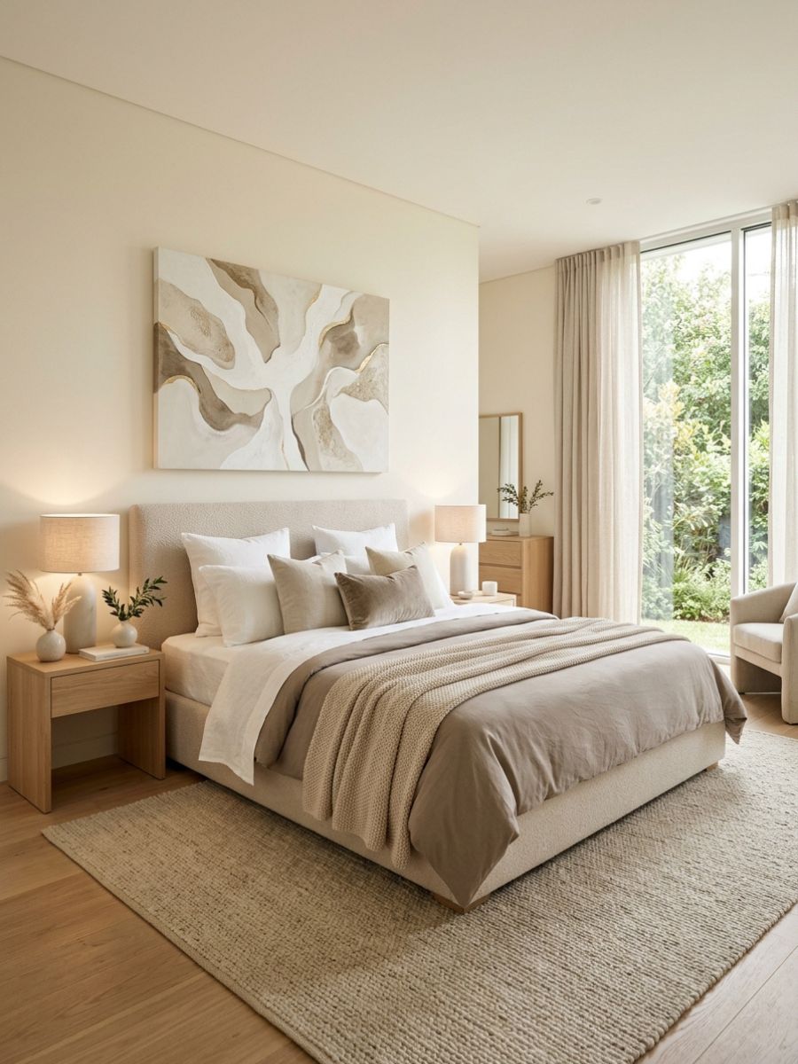 Minimalist neutral bedroom idea for couples with modern art and soft decor