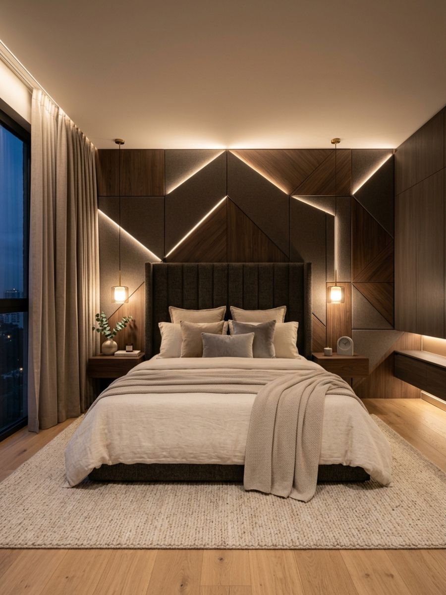 Modern LED accent bedroom idea for couples with sleek wall panels and soft lighting