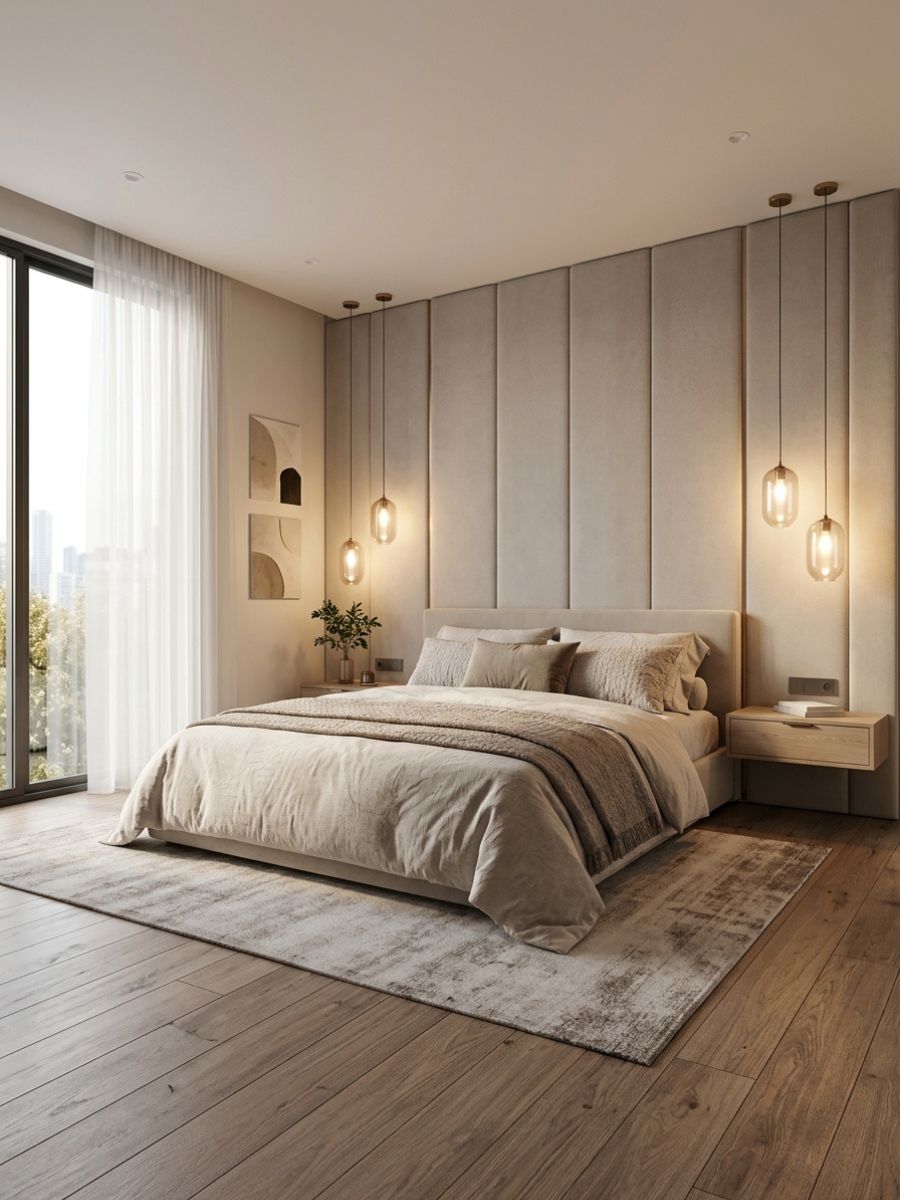 Modern panel accent wall bedroom idea for couples with pendant lights
