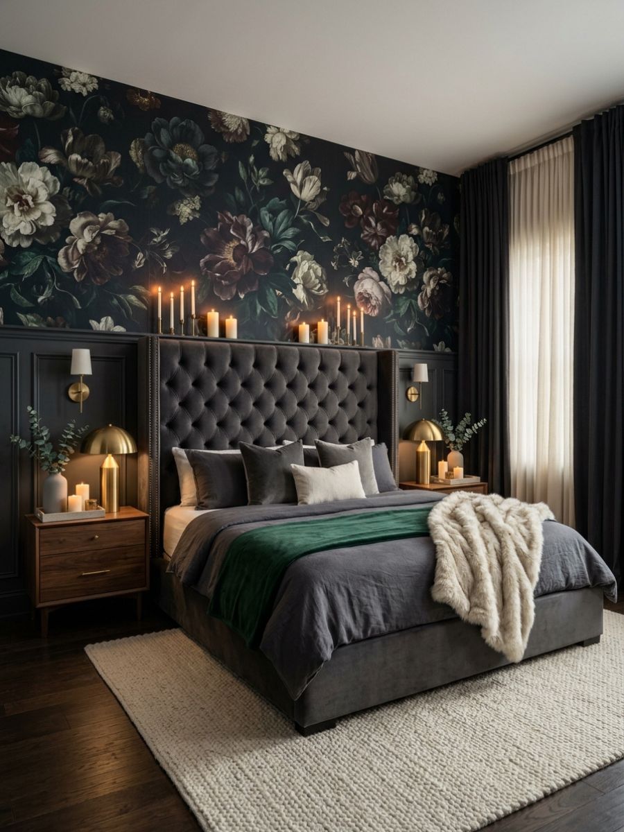 Dark floral wallpaper accent wall in a moody bedroom