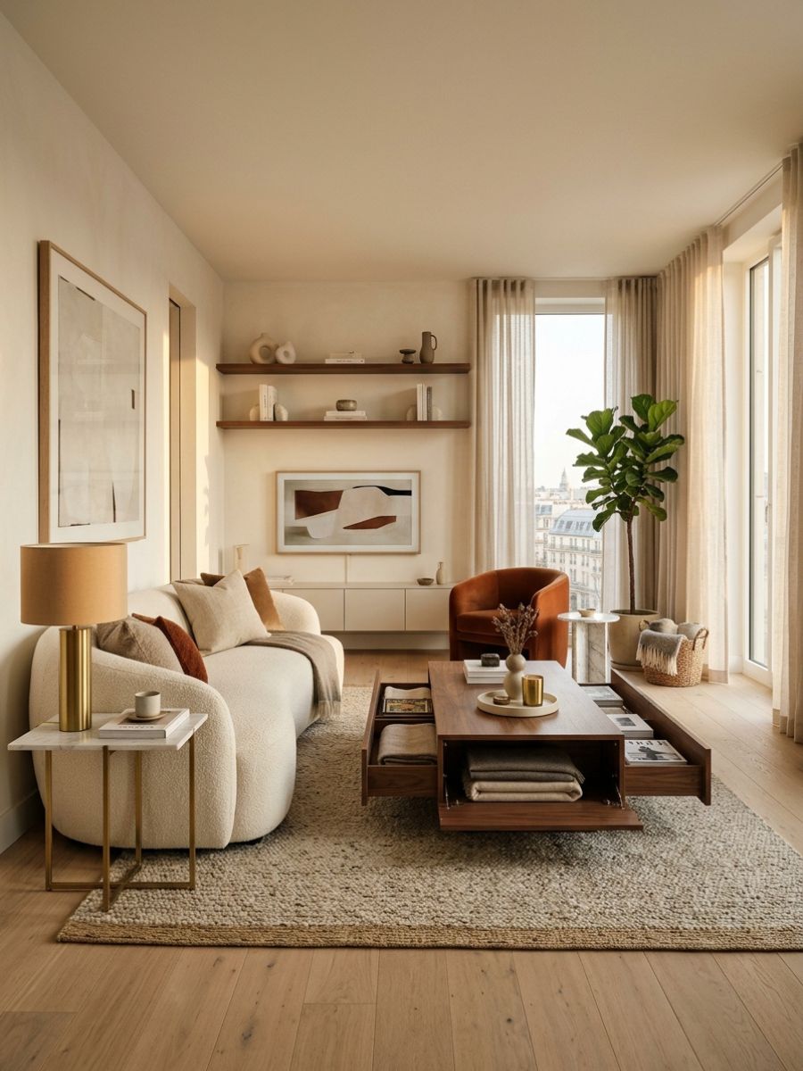 Living area with a storage coffee table and multi-functional furniture pieces