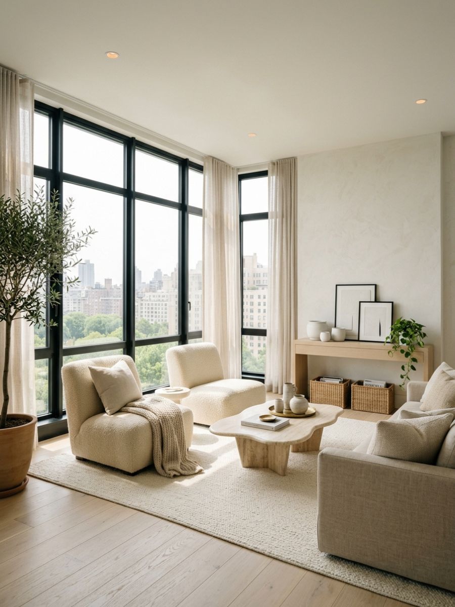 Bright apartment with large windows, plants, and natural light