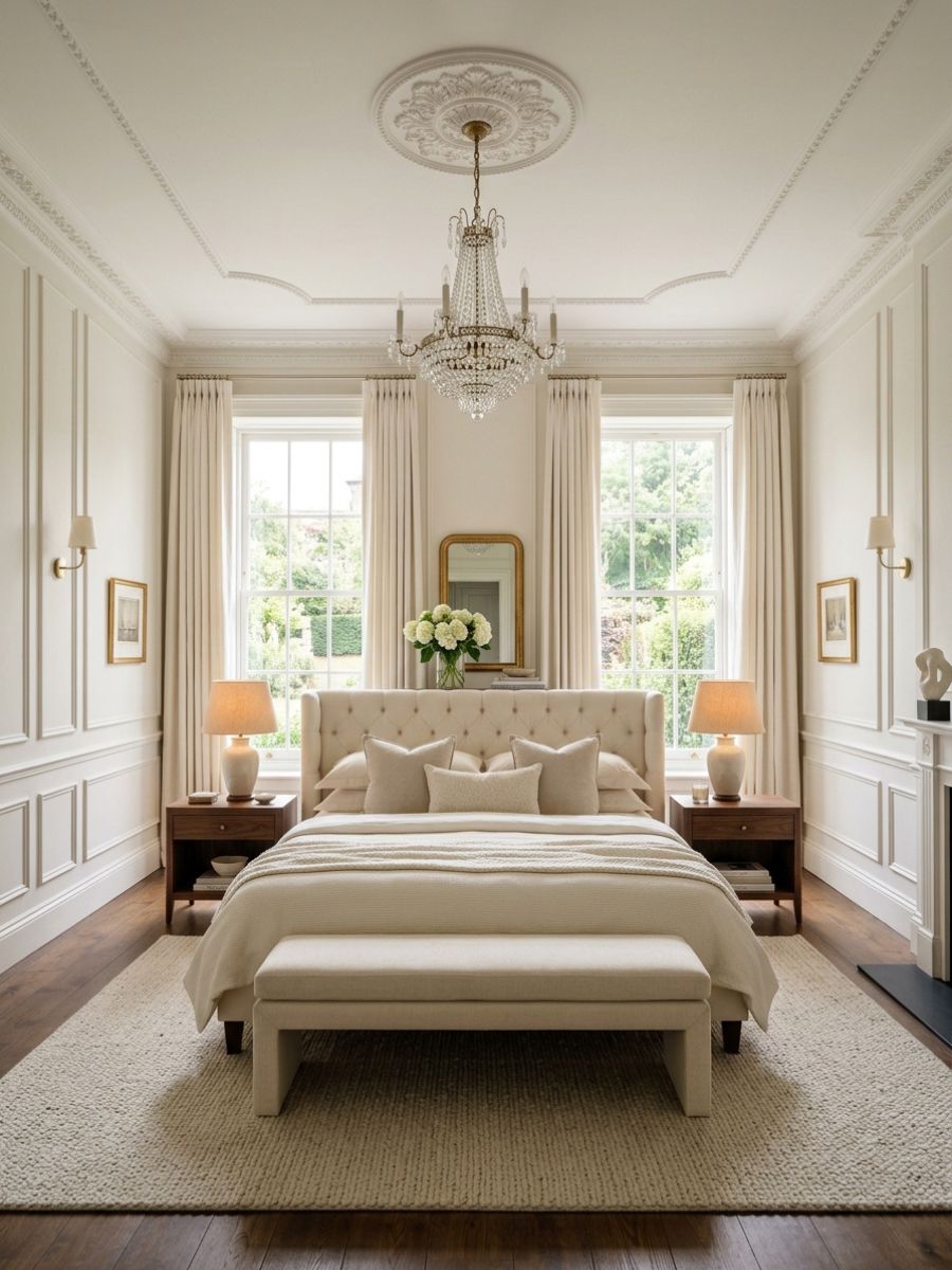 Symmetrical neutral bedroom with matching lamps and soft paneling