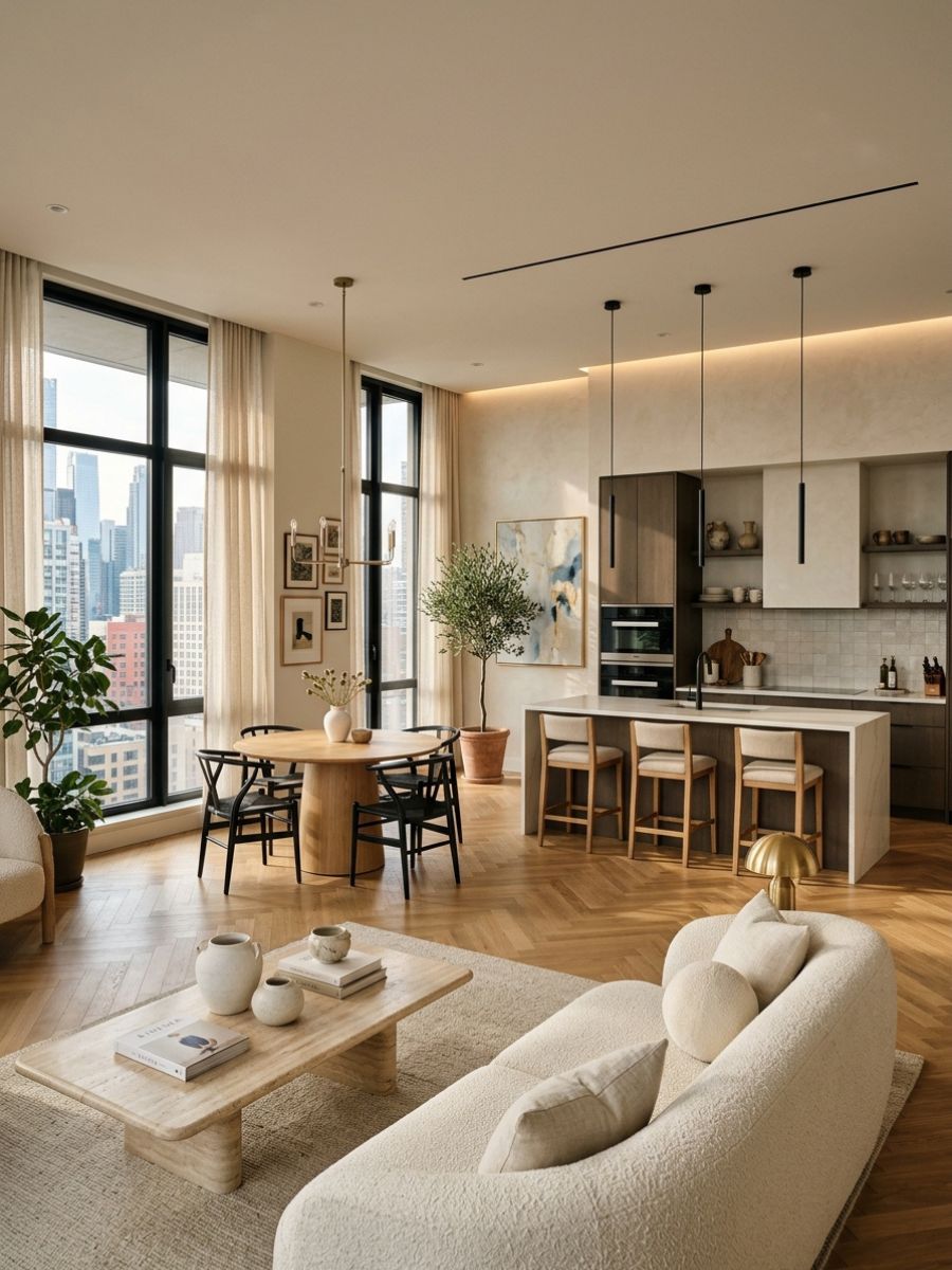 Open concept living area combining a sofa, coffee table, and kitchen