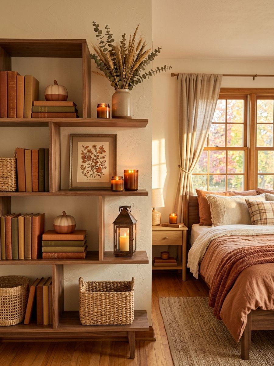 Open bedroom shelving styled with leather-bound books and warm autumn decor