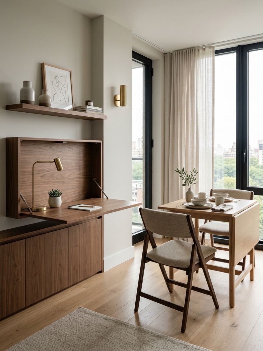 Foldable dining table and chairs saving space in a small apartment