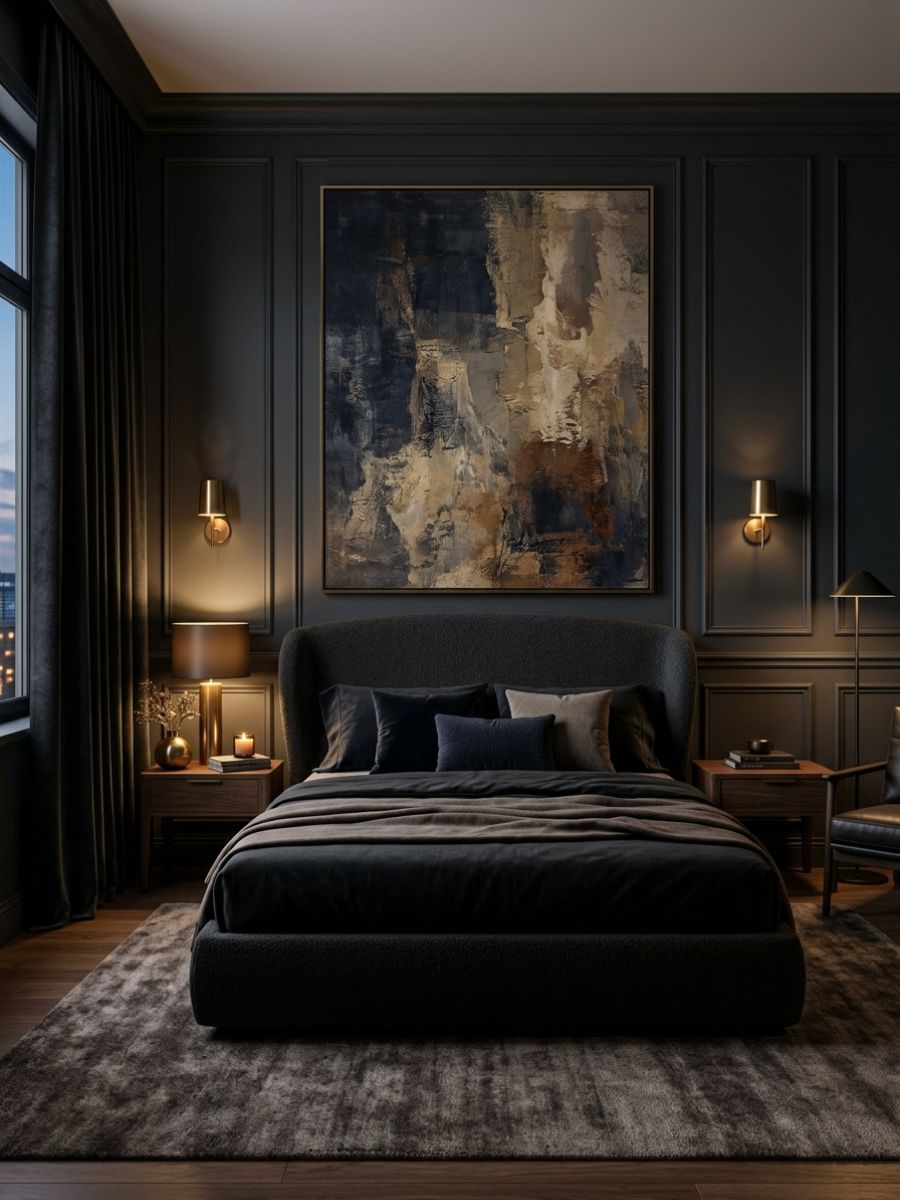 Large abstract artwork hung above a bed in a moody bedroom