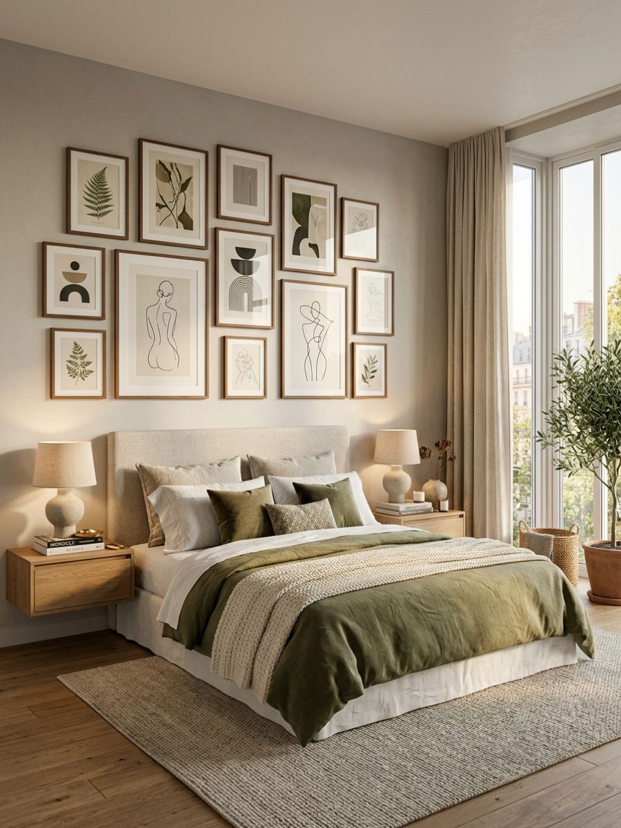 Bedroom wall with a curated arrangement of framed artwork