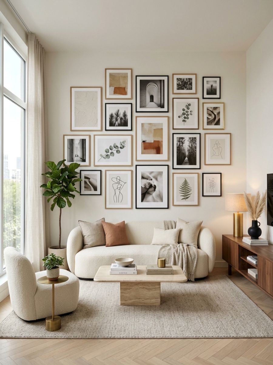 Gallery wall of framed art and photos in a small apartment living room