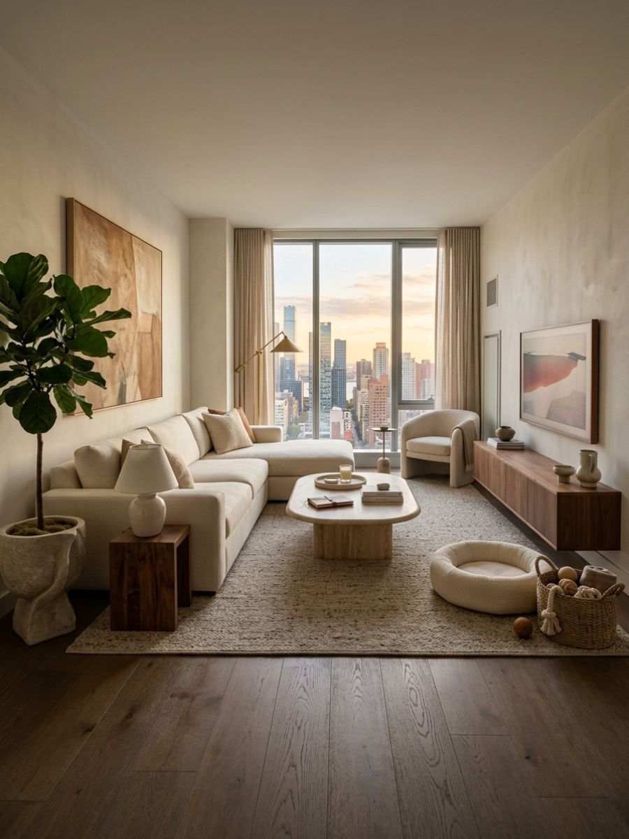 Bright apartment designed to be pet-friendly with two dogs relaxing