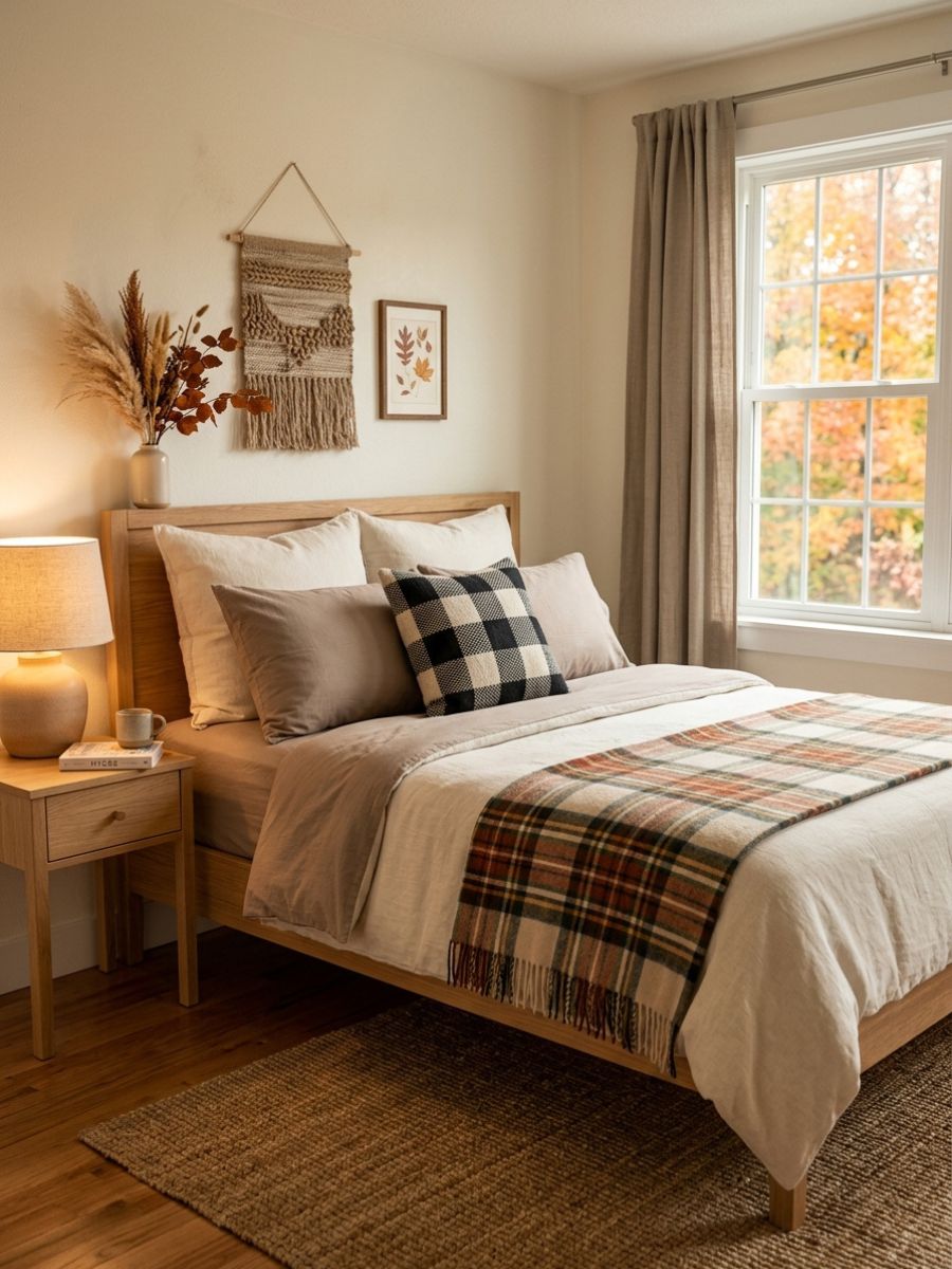 Buffalo check accent pillow and plaid throw folded at the foot of a bed