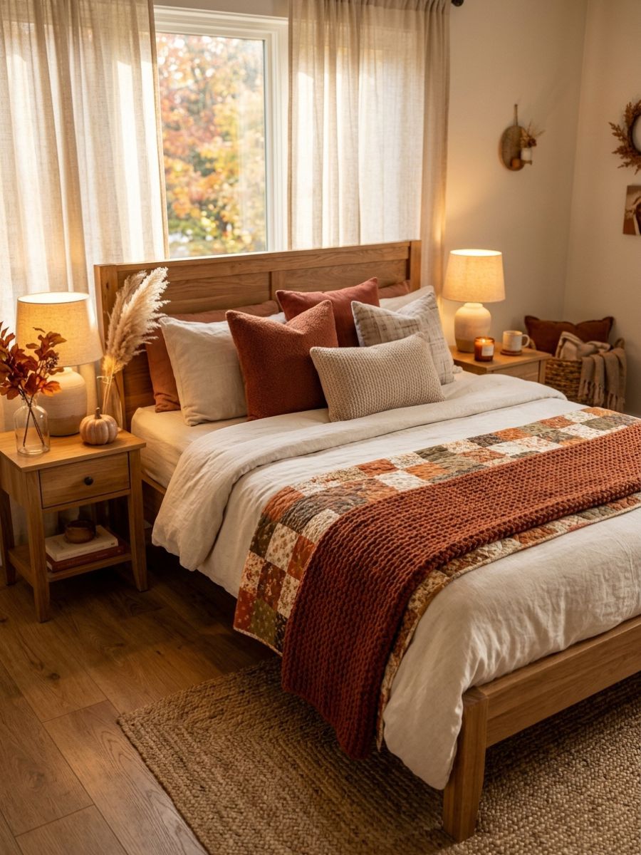 Quilted autumn print bed runner laid across the foot of a bed