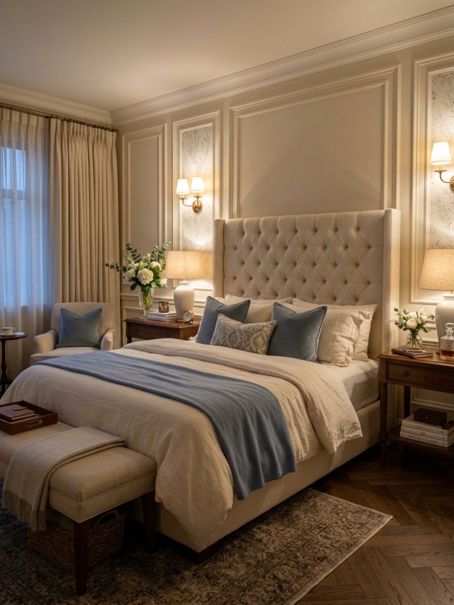 Traditional neutral bedroom with tufted headboard and soft blue accents