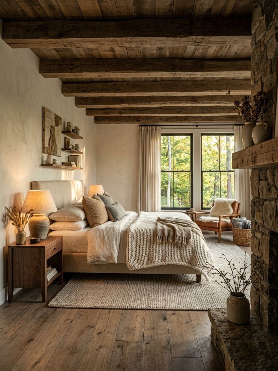 Rustic soft neutral bedroom retreat with exposed beams