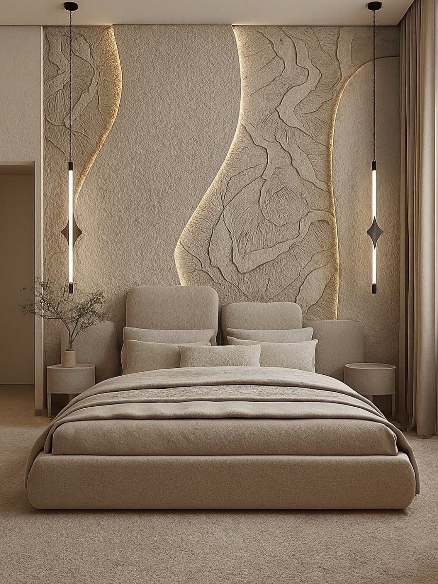 Sculpted textured wall behind bed in a minimal warm neutral bedroom