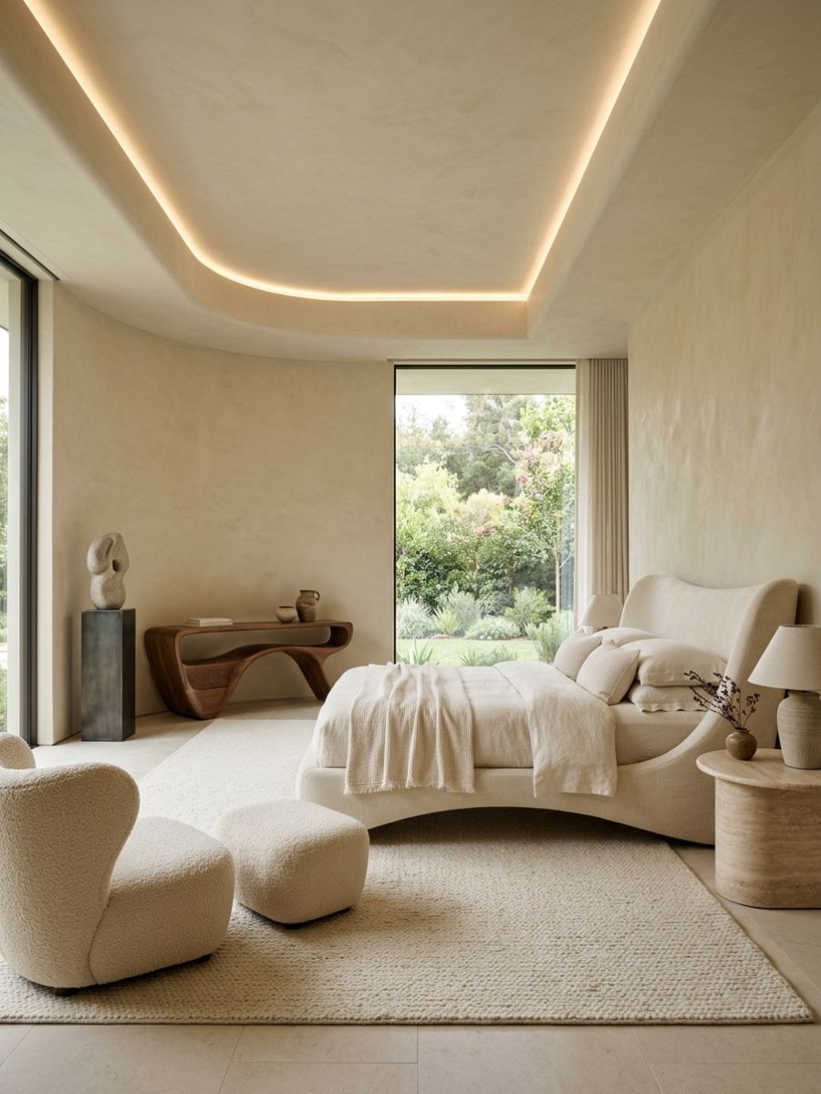 Architectural neutral bedroom with sculptural furniture forms