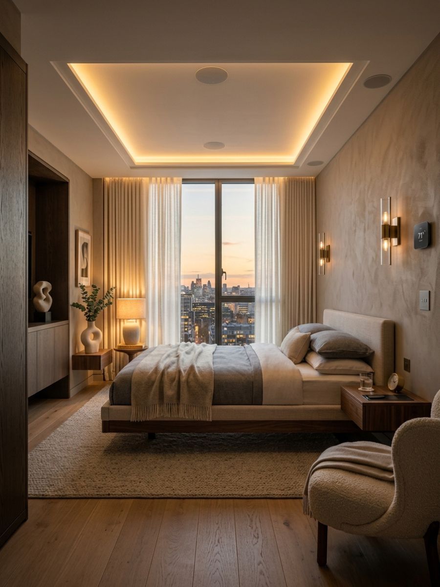 Cozy bedroom equipped with smart lighting and smart home devices