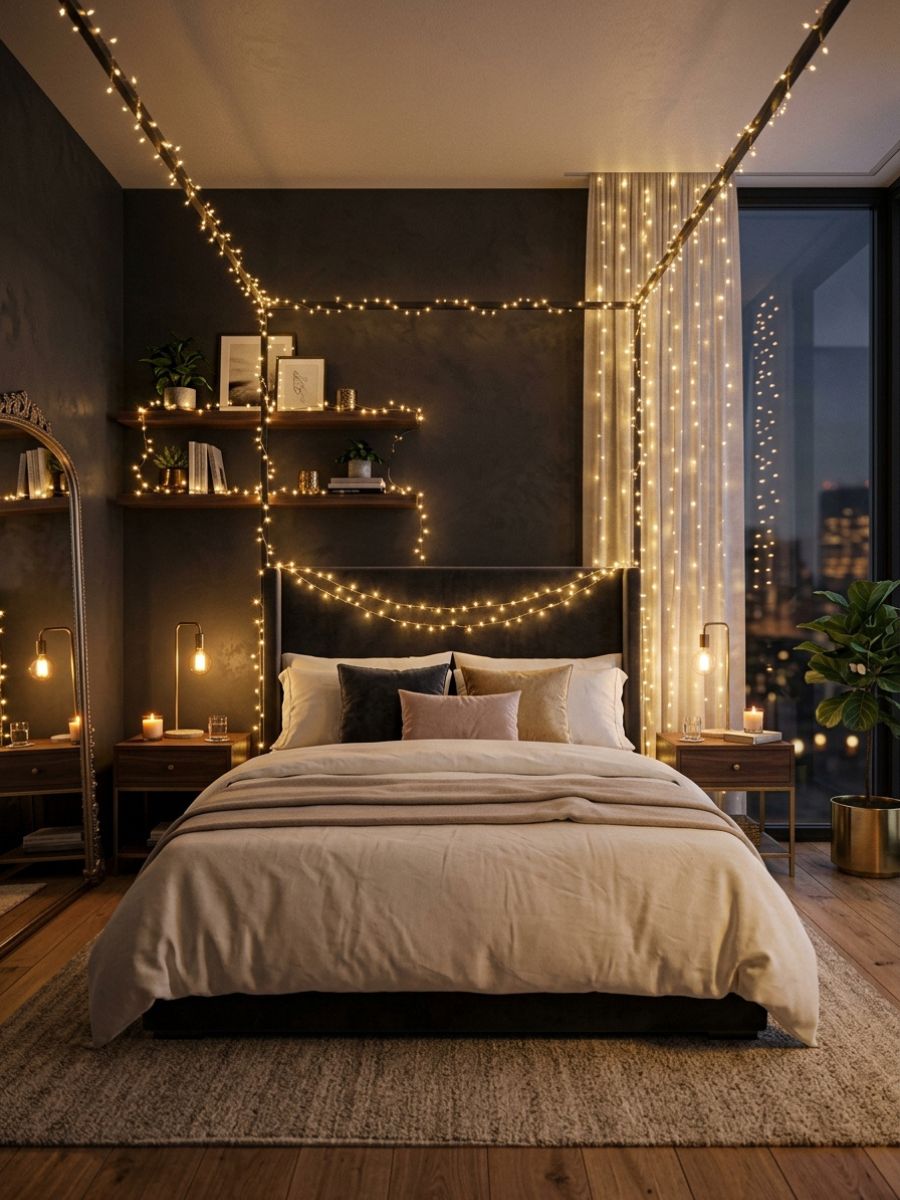 Warm white string lights draped around a bedroom headboard