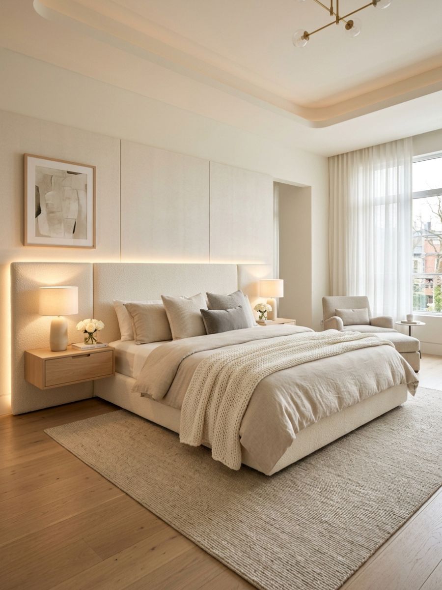 Soft backlit headboard romantic bedroom idea for couples with neutral decor