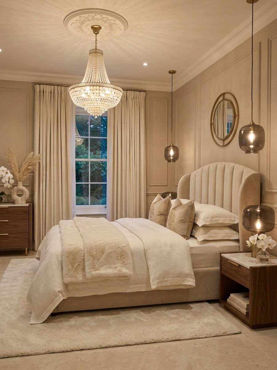 Soft glam neutral bedroom with warm lighting and sleek lines
