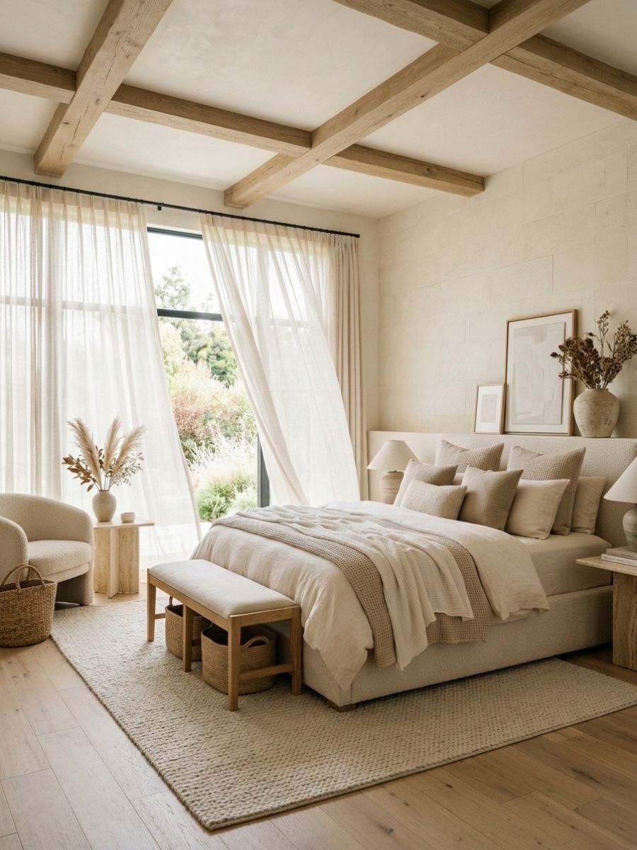 Airy soft linen bedroom with creams and muted beige tones