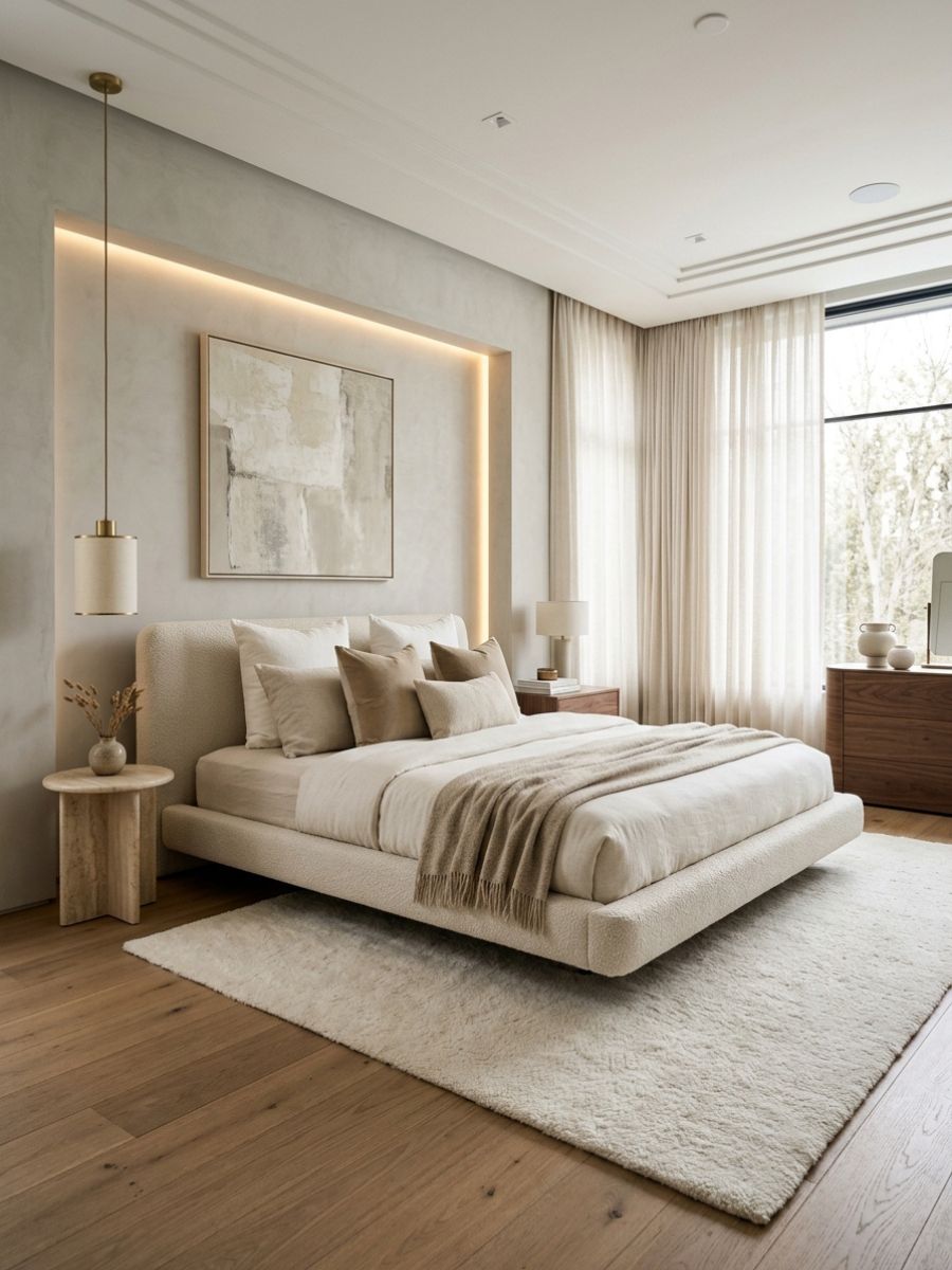Modern neutral bedroom with clean lines and soft finishes