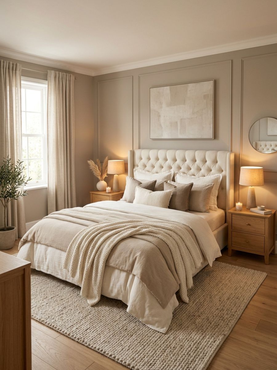 Soft neutral romantic bedroom idea for couples with cozy bedding and warm lamps