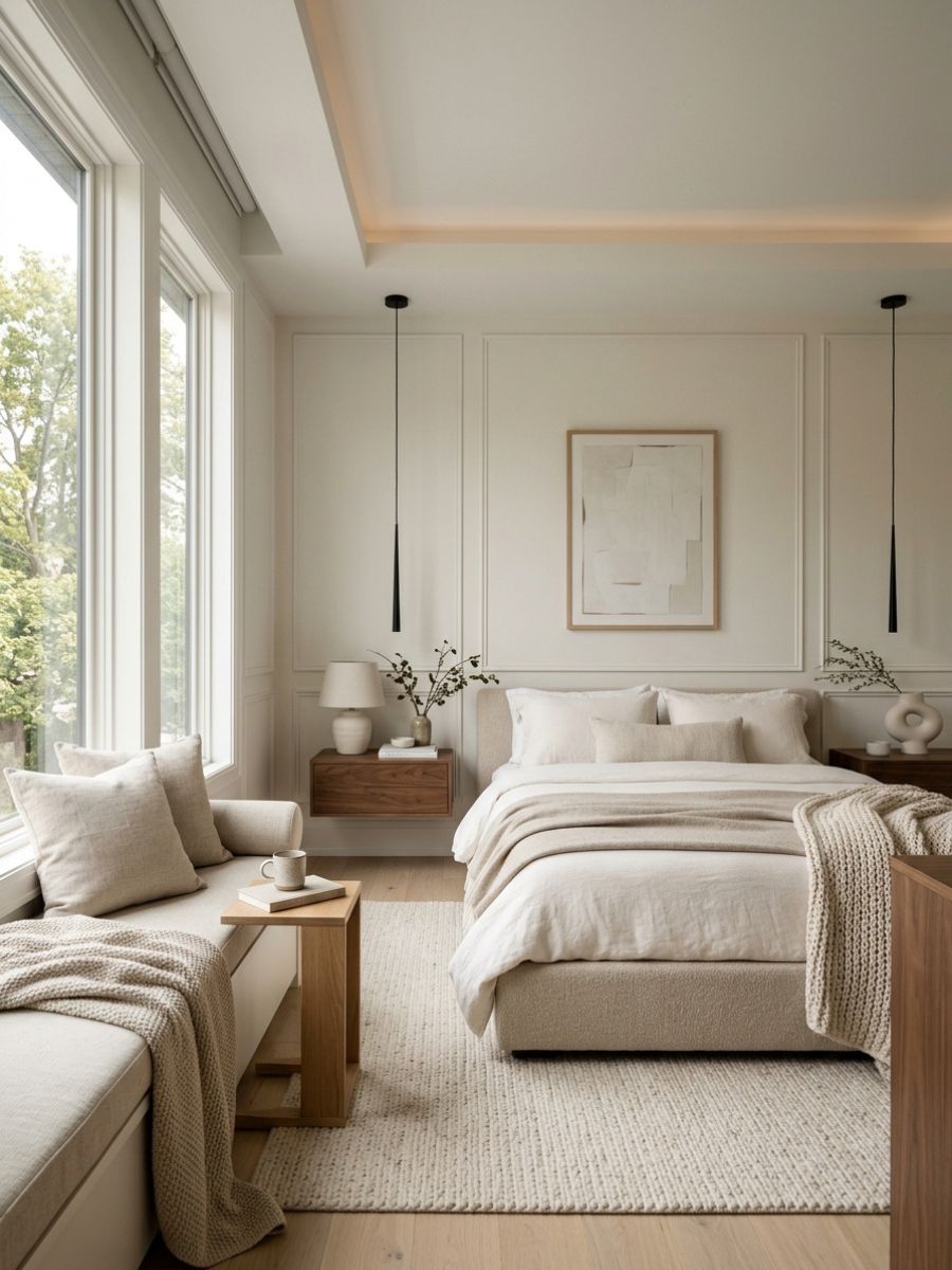 Neutral bedroom with wall paneling and a window seat