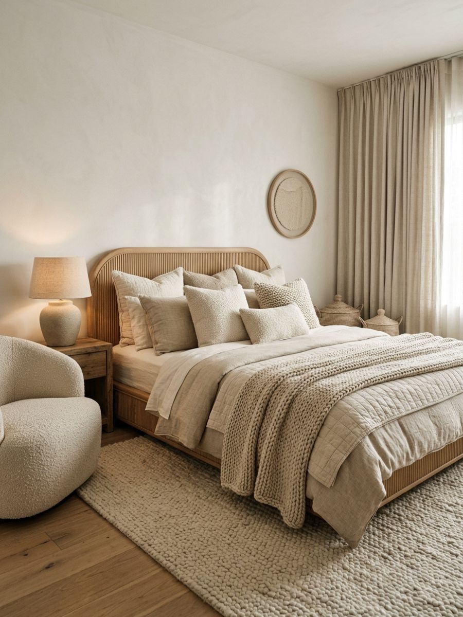 Neutral bedroom with layered boucle and knit textures