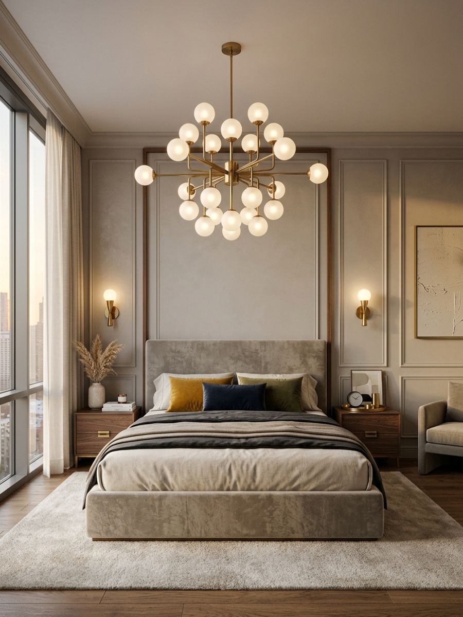 Bedroom with a statement chandelier as the main lighting fixture