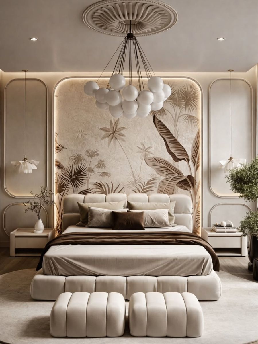 Neutral bedroom with statement mural wall behind the bed