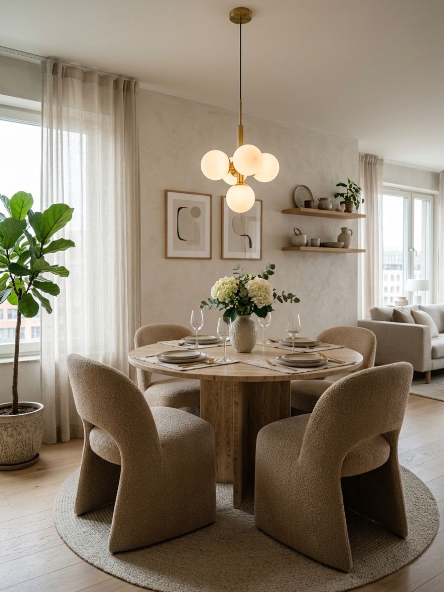 Small dining area with a round table, modern chairs, and decor