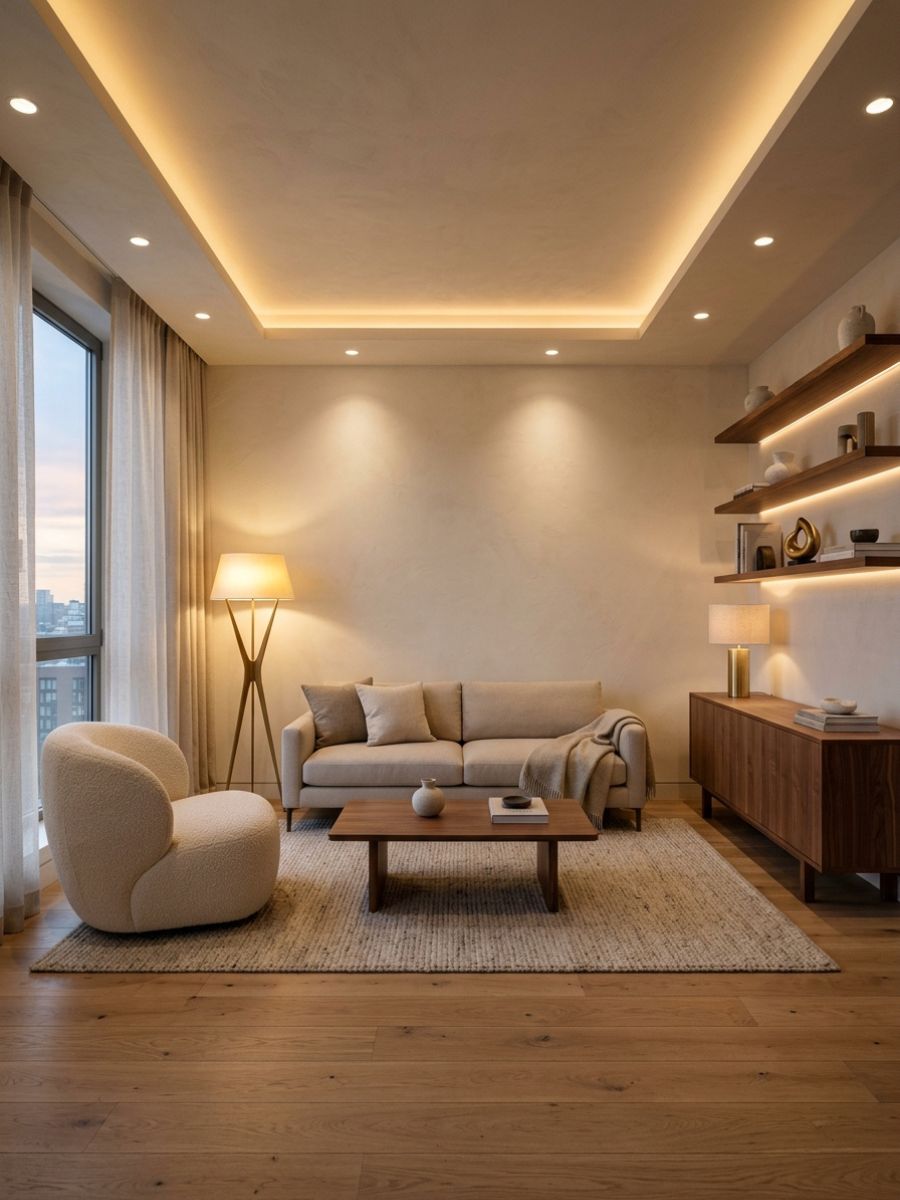 Layered lighting with floor lamps and sconces in a small apartment