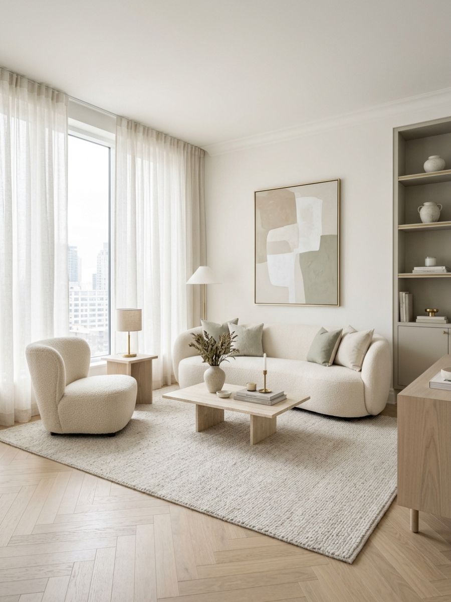 Small apartment living room painted in light neutral colors