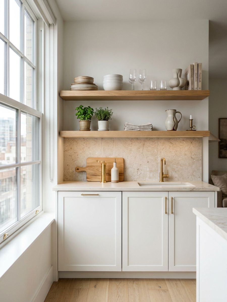 Open floating shelves displaying decor in a small apartment kitchen