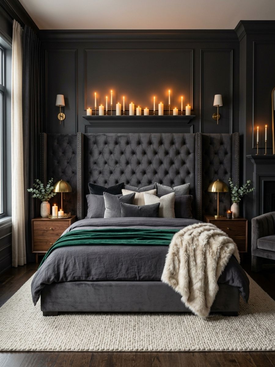 Tall emerald velvet upholstered headboard in a moody bedroom
