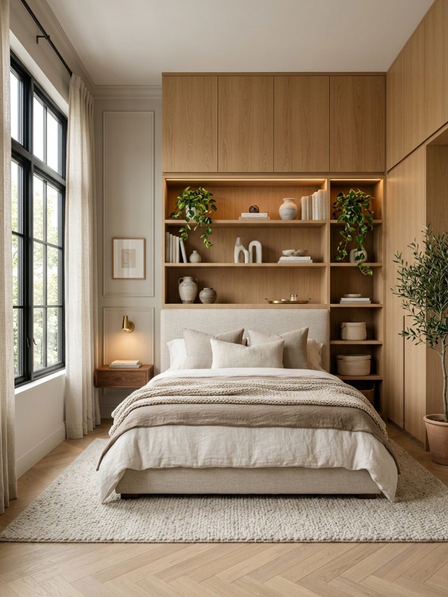 Bedroom with vertical shelving and cabinets used for extra storage