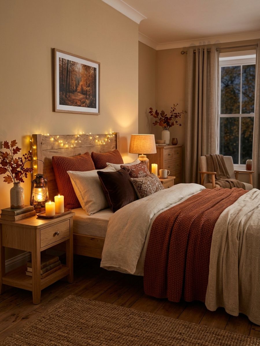 Warm amber table lamp and candles creating ambient fall lighting