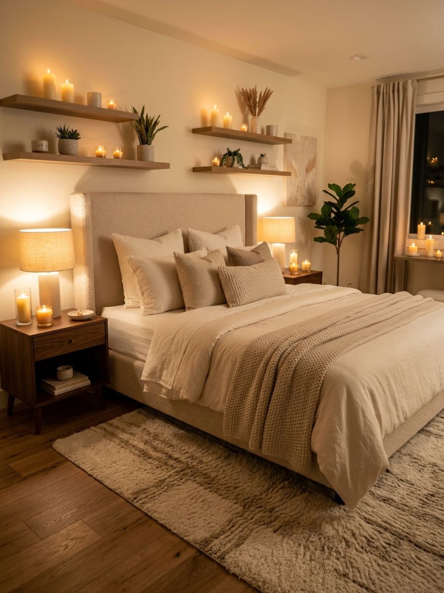 Warm candlelit romantic bedroom design for couples with cozy bedding and soft lighting