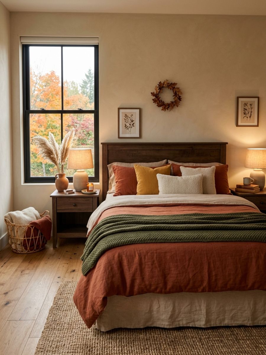Fall bedroom styled with terracotta, mustard, and olive accent colors